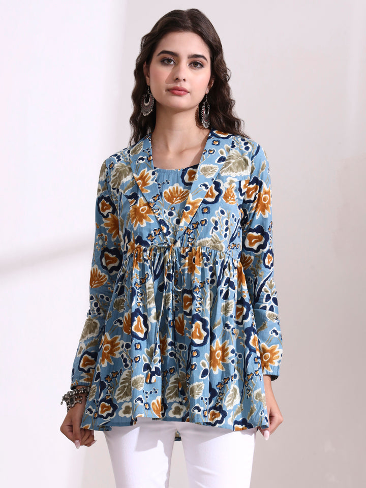 Divena Sky Blue Lepal Coller Peplum Top