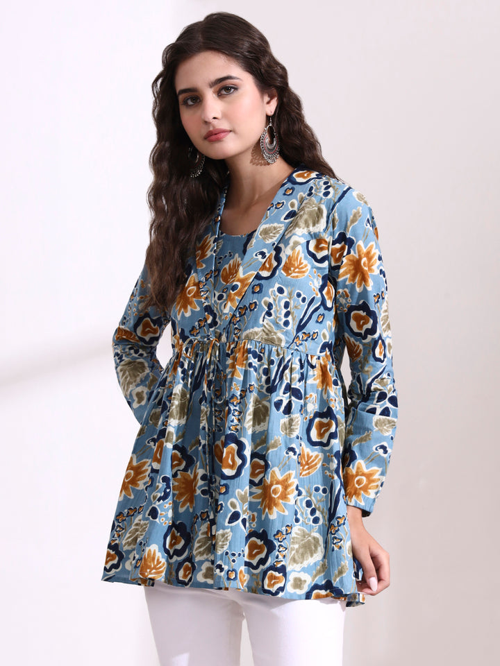 Divena Sky Blue Lepal Coller Peplum Top