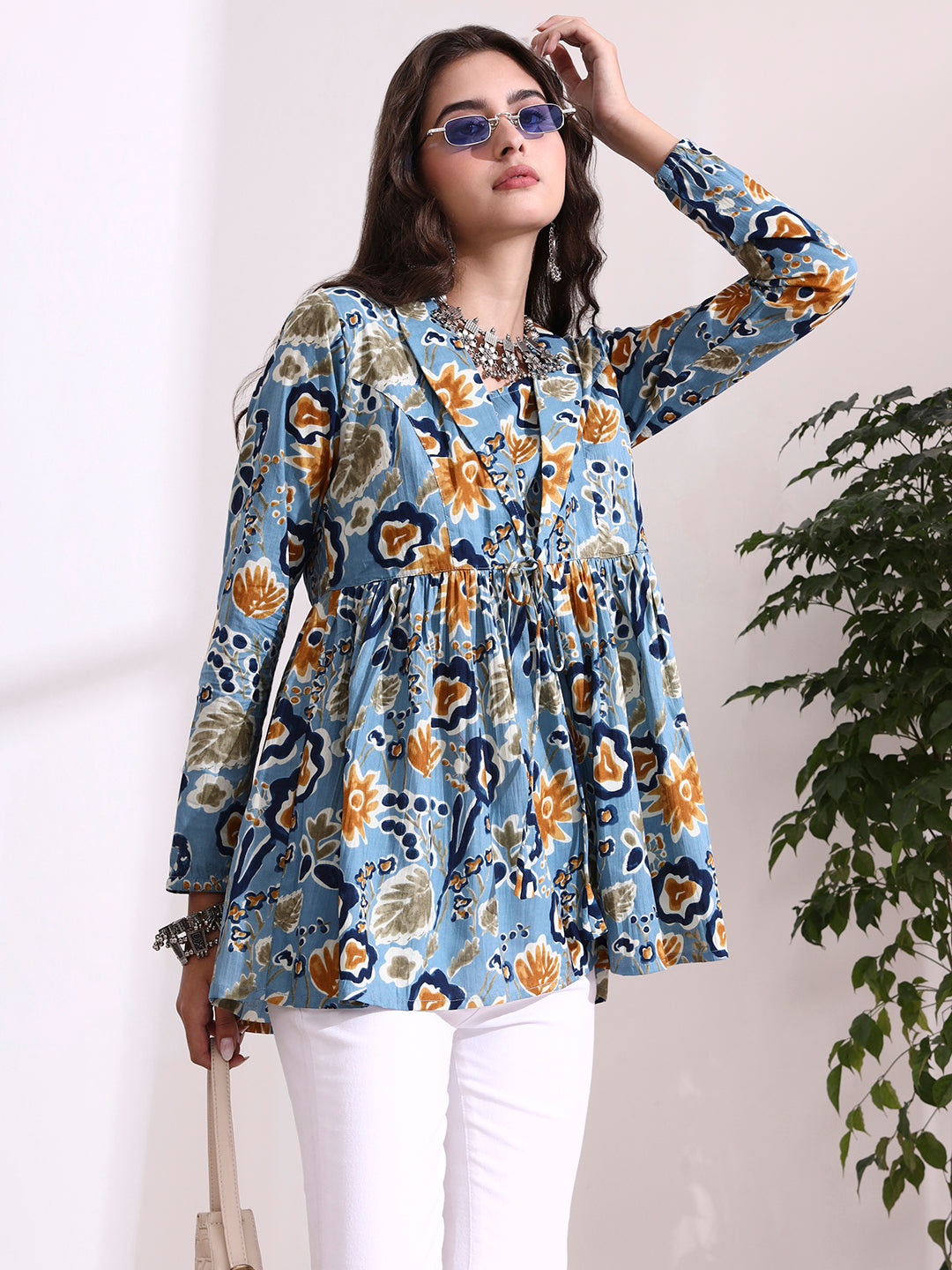 Divena Sky Blue Lepal Coller Peplum Top