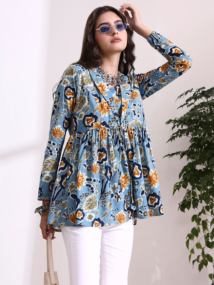 Divena Sky Blue Lepal Coller Peplum Top