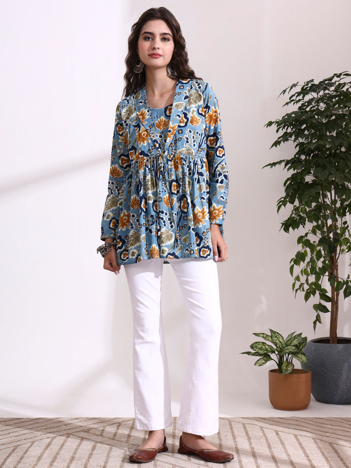 Divena Sky Blue Lepal Coller Peplum Top