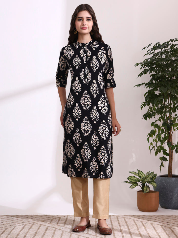 Divena Black Rayon Rollup Sleeves Straight Kurta