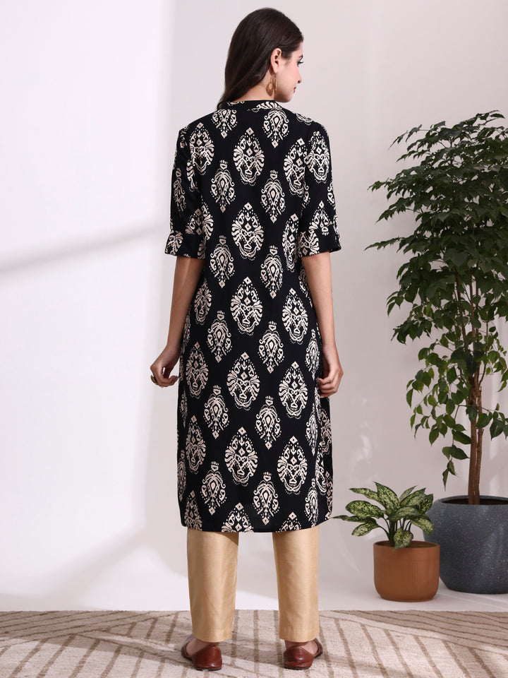 Divena Black Rayon Rollup Sleeves Straight Kurta