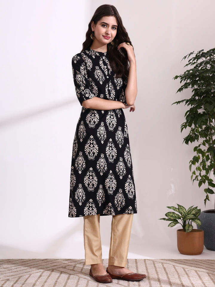 Divena Black Rayon Rollup Sleeves Straight Kurta