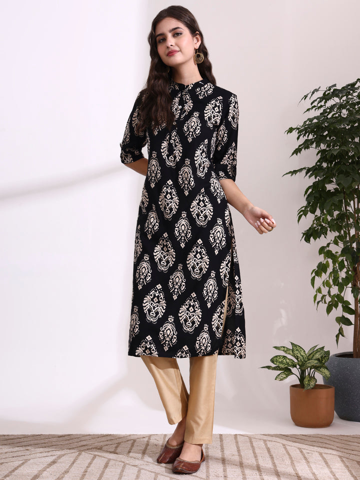 Divena Black Rayon Rollup Sleeves Straight Kurta