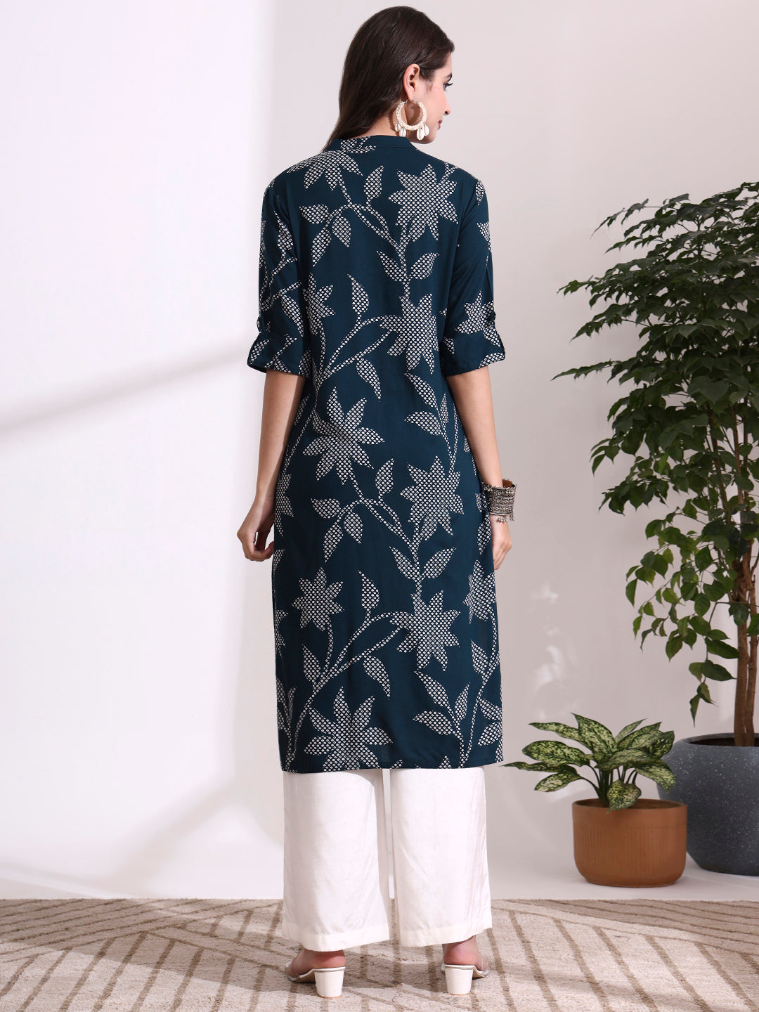 Divena Blue Rayon Rollup Sleeves Floral Straight Kurta