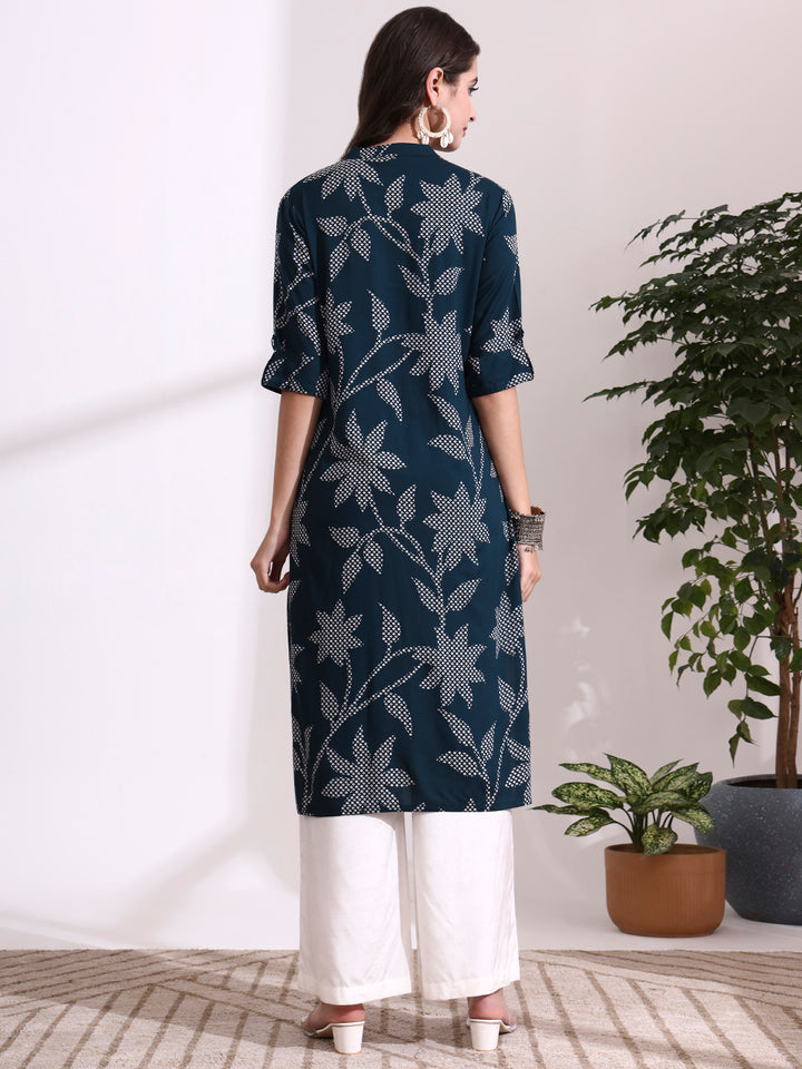 Divena Blue Rayon Rollup Sleeves Floral Straight Kurta