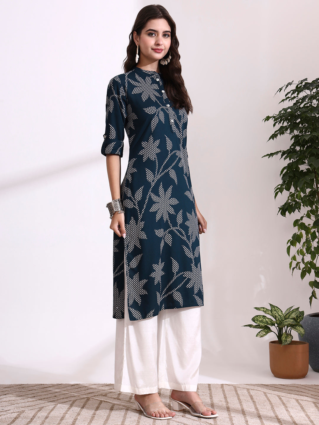 Divena Blue Rayon Rollup Sleeves Floral Straight Kurta