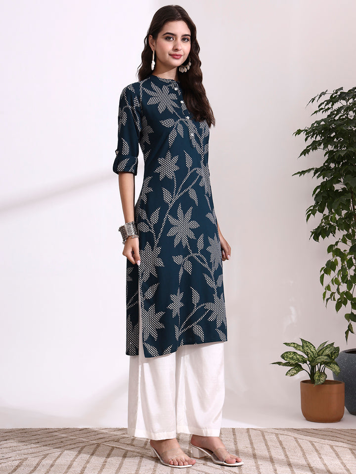 Divena Blue Rayon Rollup Sleeves Floral Straight Kurta