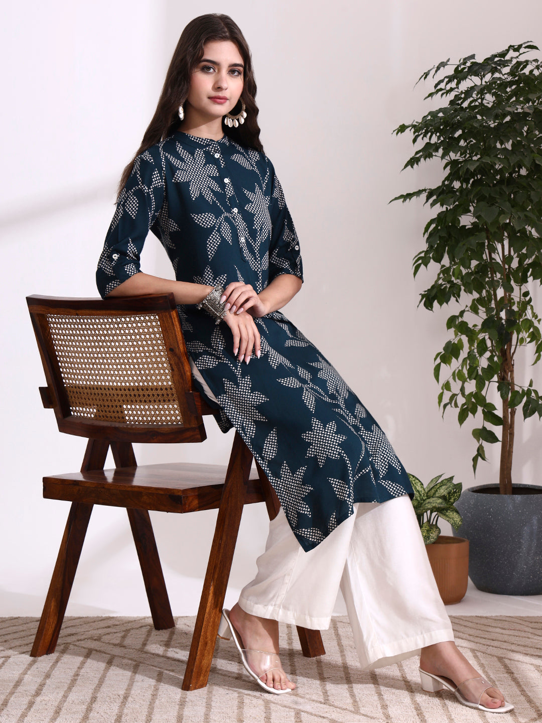 Divena Blue Rayon Rollup Sleeves Floral Straight Kurta