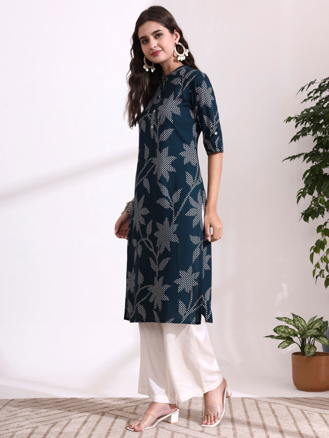 Divena Blue Rayon Rollup Sleeves Floral Straight Kurta