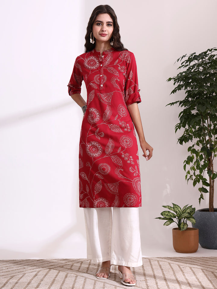 Divena Red Rayon Rollup Sleeves Straight Kurta