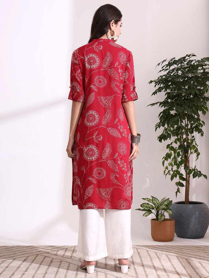 Divena Red Rayon Rollup Sleeves Straight Kurta