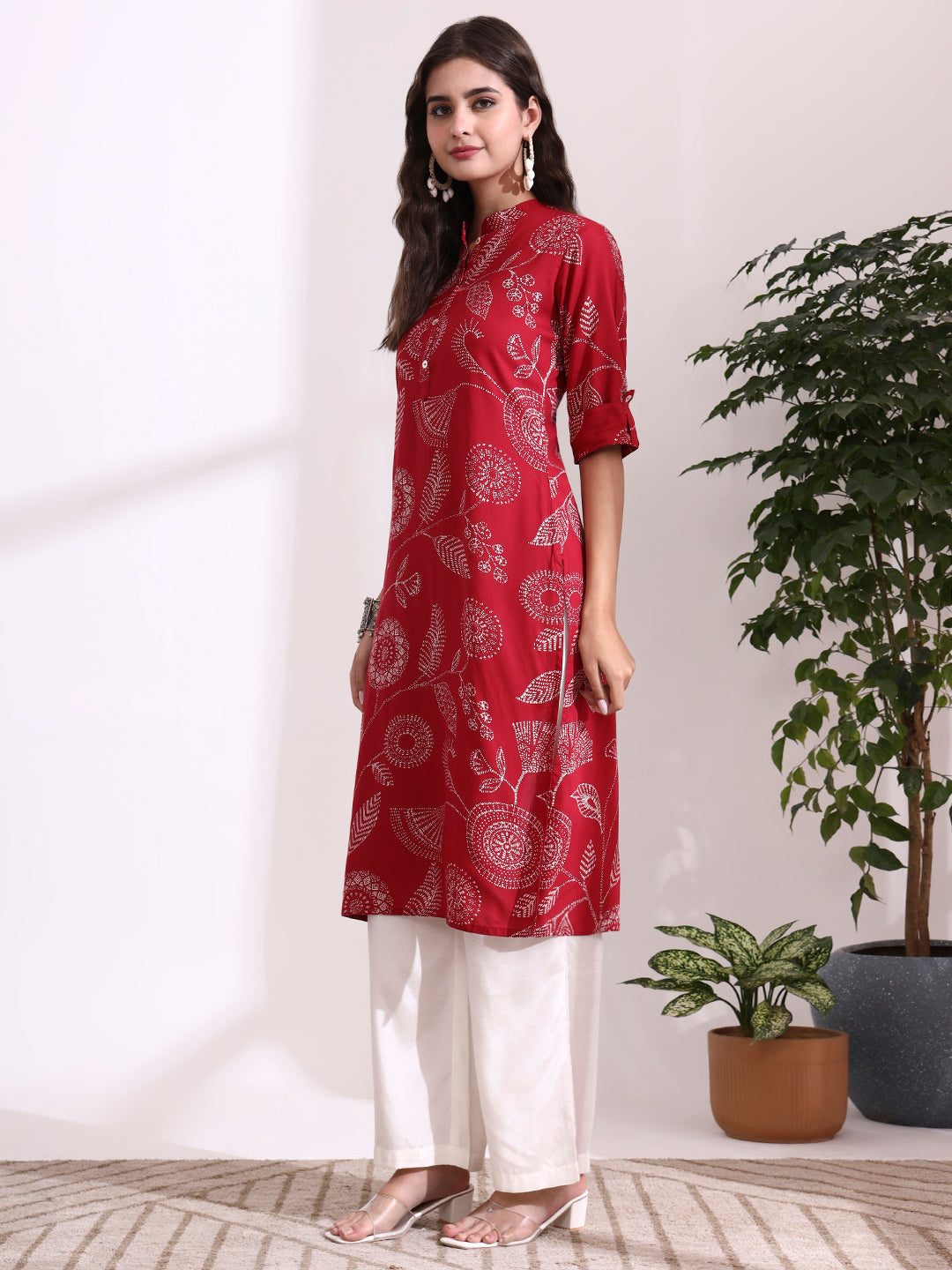 Divena Red Rayon Rollup Sleeves Straight Kurta
