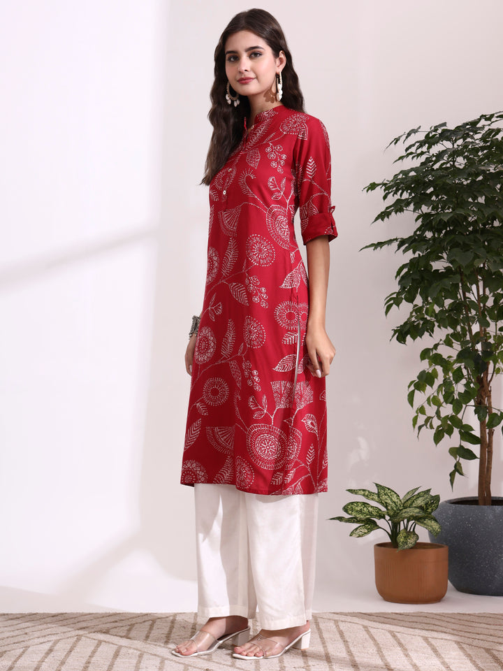 Divena Red Rayon Rollup Sleeves Straight Kurta