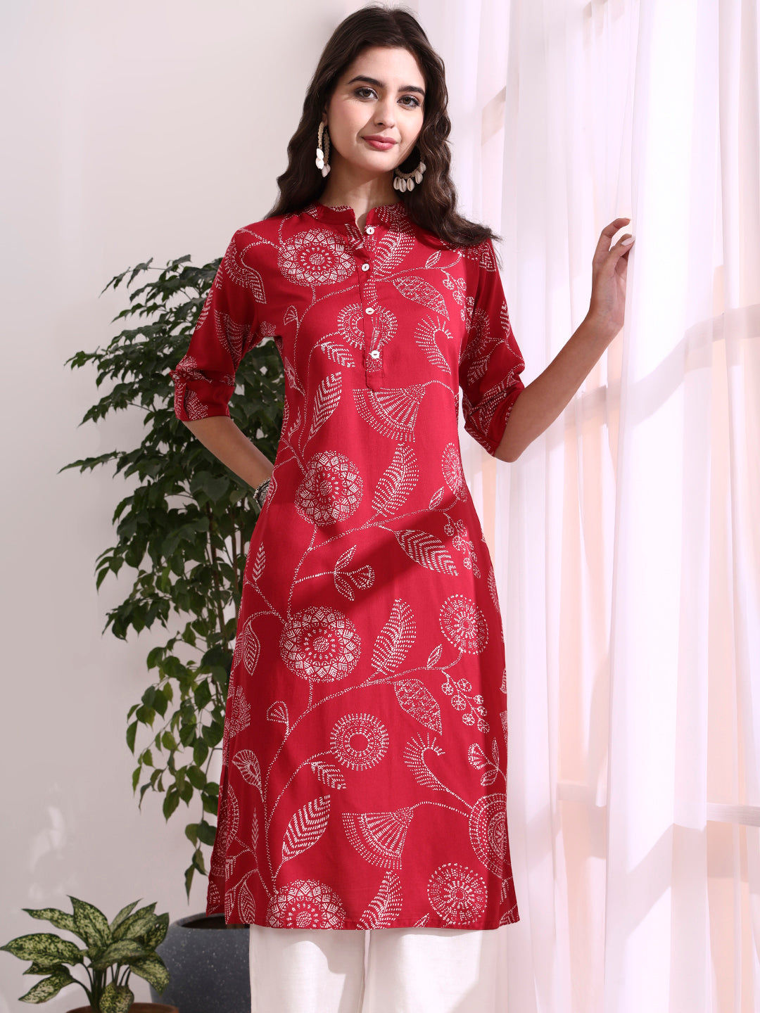 Divena Red Rayon Rollup Sleeves Straight Kurta