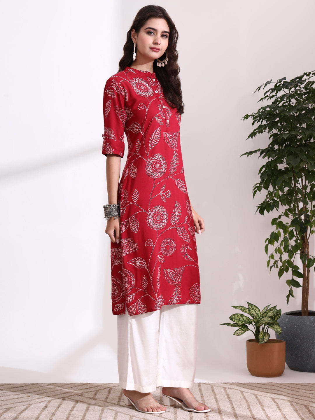Divena Red Rayon Rollup Sleeves Straight Kurta