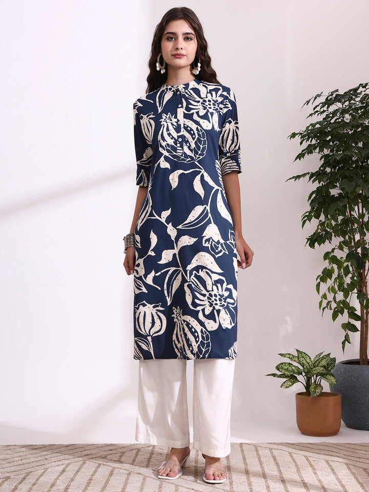 Divena Blue Rayon Rollup Sleeves Straight Kurta