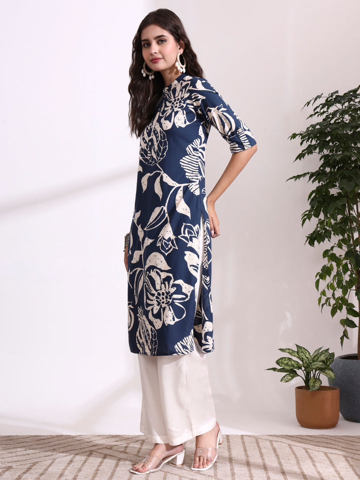 Divena Blue Rayon Rollup Sleeves Straight Kurta