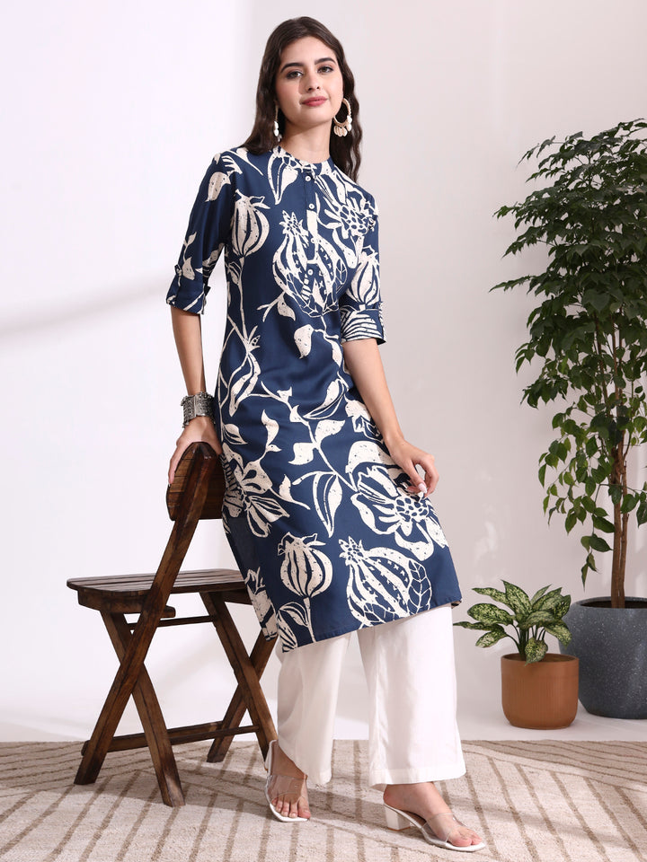 Divena Blue Rayon Rollup Sleeves Straight Kurta
