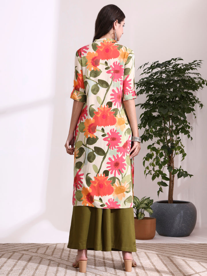 Divena Cream Rayon Rollup Sleeves Straight Kurta