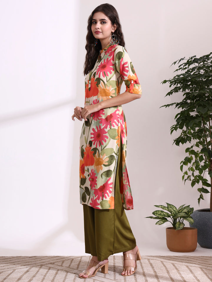 Divena Cream Rayon Rollup Sleeves Straight Kurta