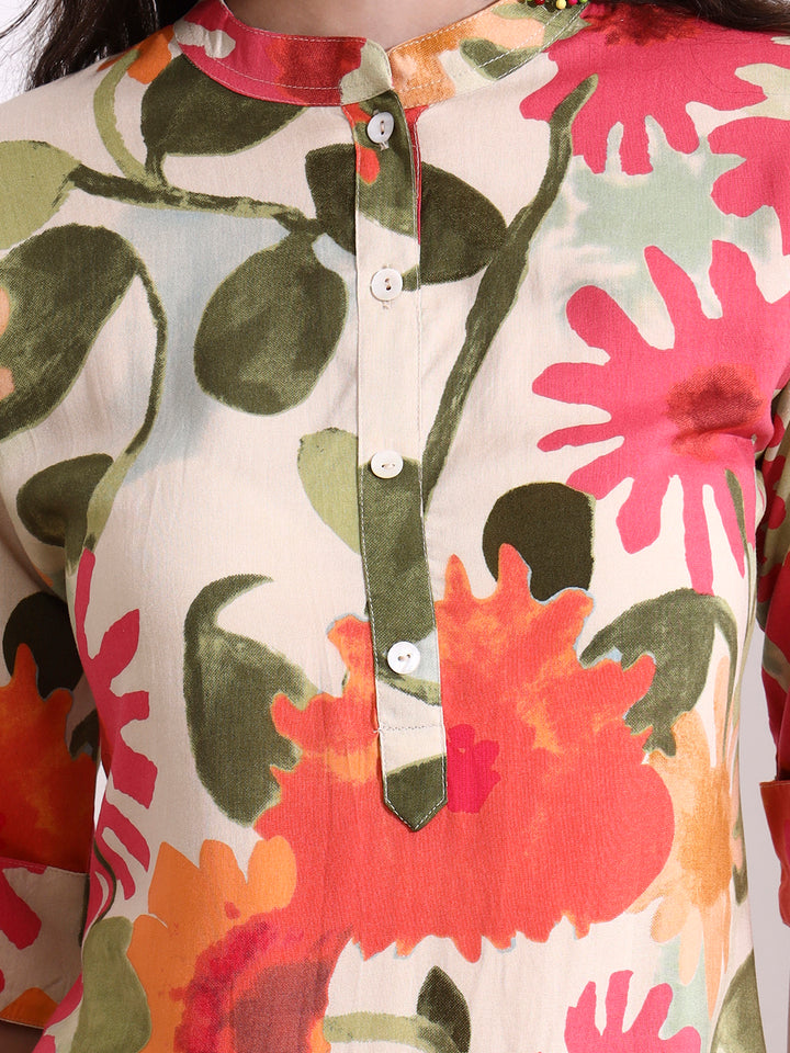 Divena Cream Rayon Rollup Sleeves Straight Kurta