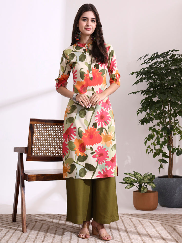 Divena Cream Rayon Rollup Sleeves Straight Kurta