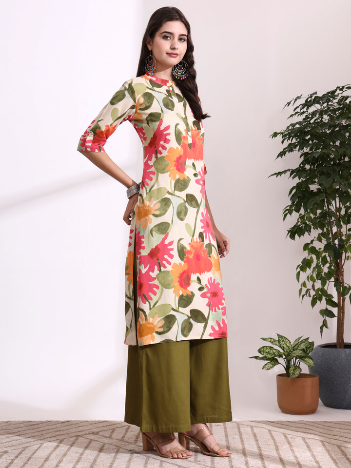 Divena Cream Rayon Rollup Sleeves Straight Kurta