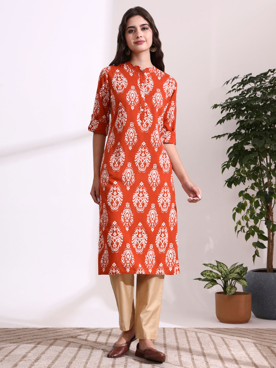 Divena Orange Rayon Rollup Sleeves Straight Kurta