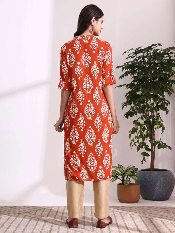 Divena Orange Rayon Rollup Sleeves Straight Kurta