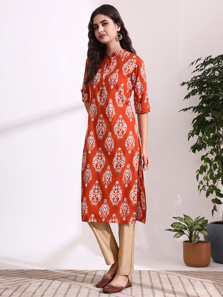 Divena Orange Rayon Rollup Sleeves Straight Kurta