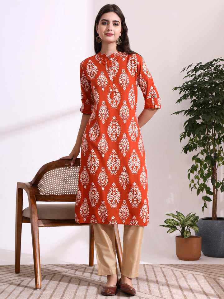 Divena Orange Rayon Rollup Sleeves Straight Kurta