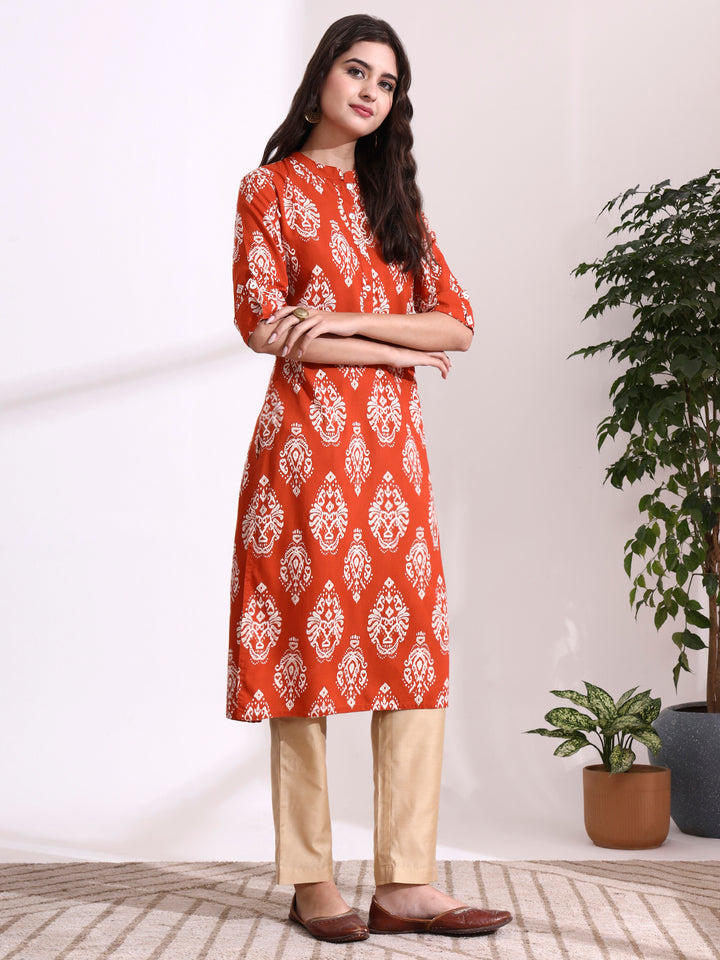 Divena Orange Rayon Rollup Sleeves Straight Kurta