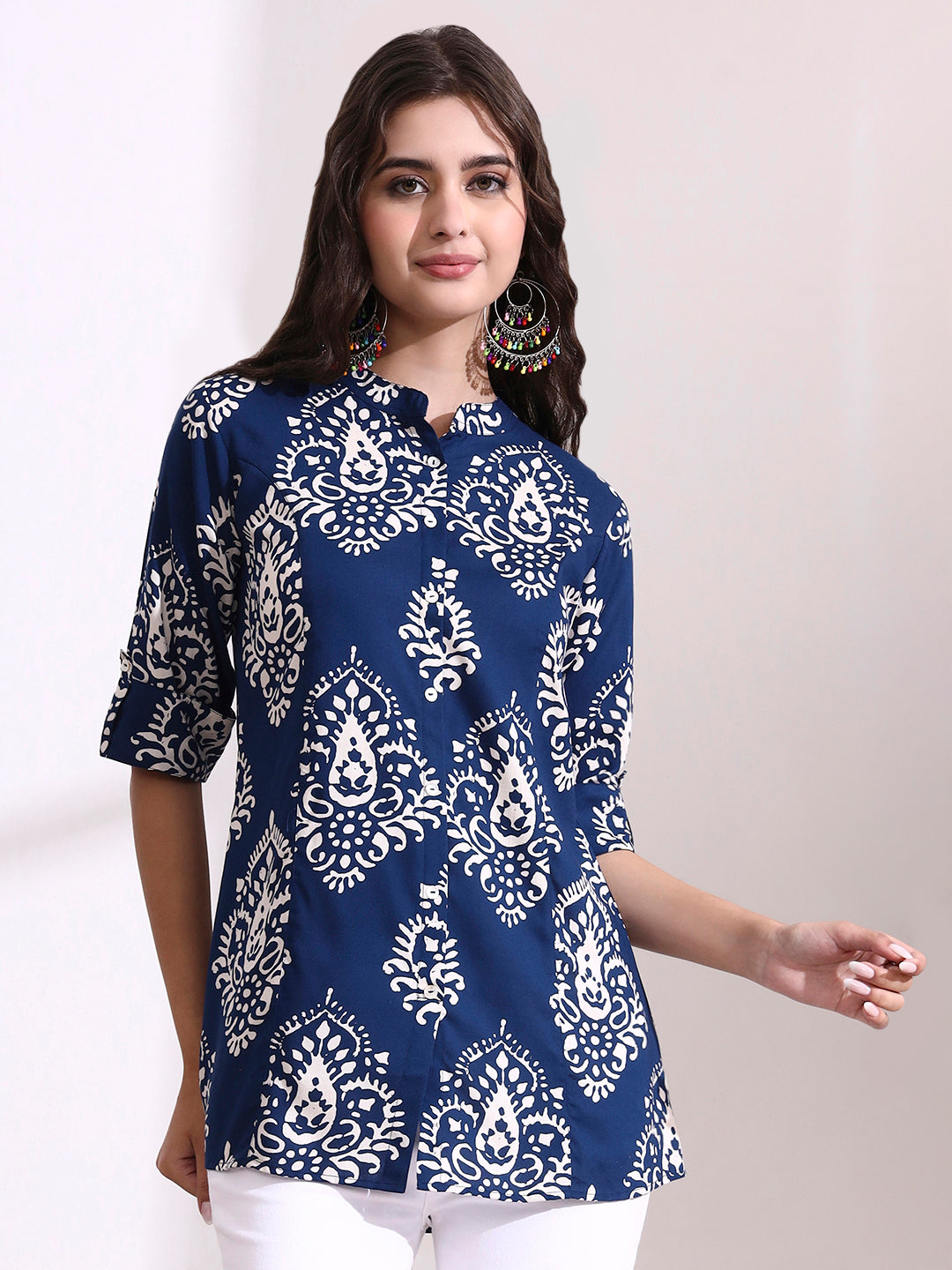 Divena Blue Mandarin Coller Roll Up Sleeves Viscose Rayon Top