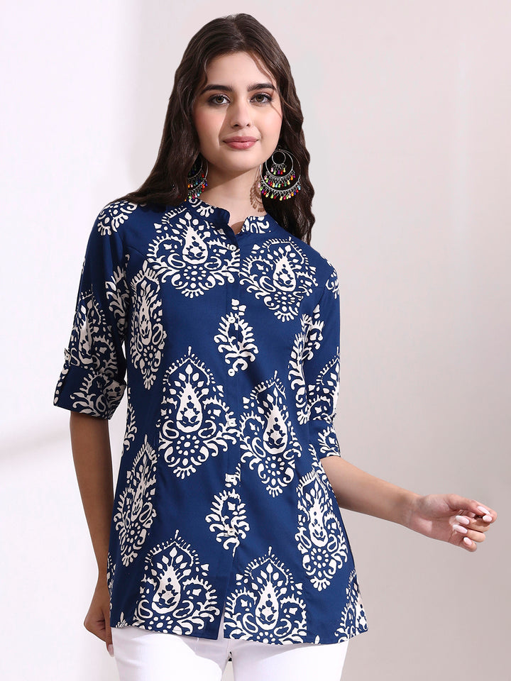 Divena Blue Mandarin Coller Roll Up Sleeves Viscose Rayon Top