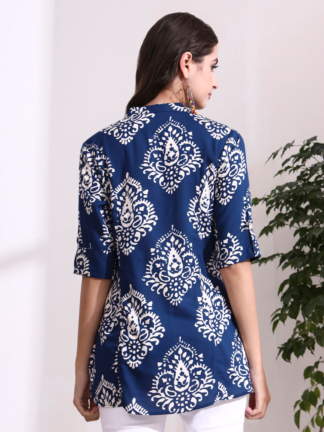Divena Blue Mandarin Coller Roll Up Sleeves Viscose Rayon Top