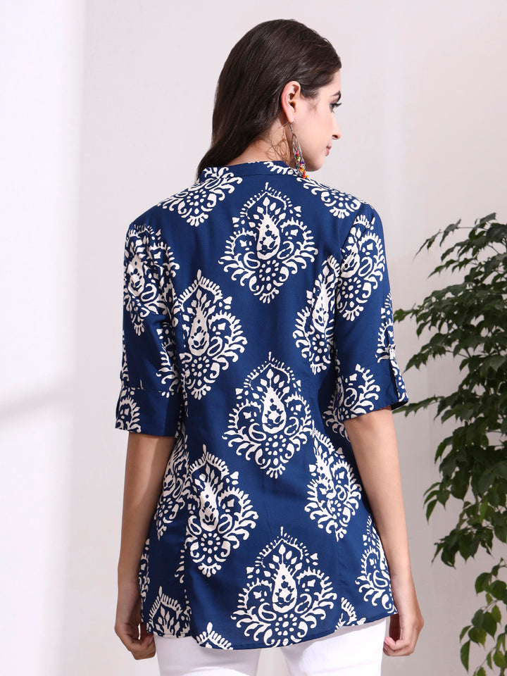 Divena Blue Mandarin Coller Roll Up Sleeves Viscose Rayon Top