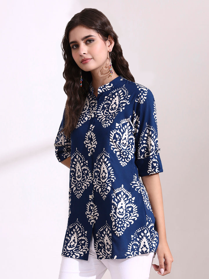 Divena Blue Mandarin Coller Roll Up Sleeves Viscose Rayon Top