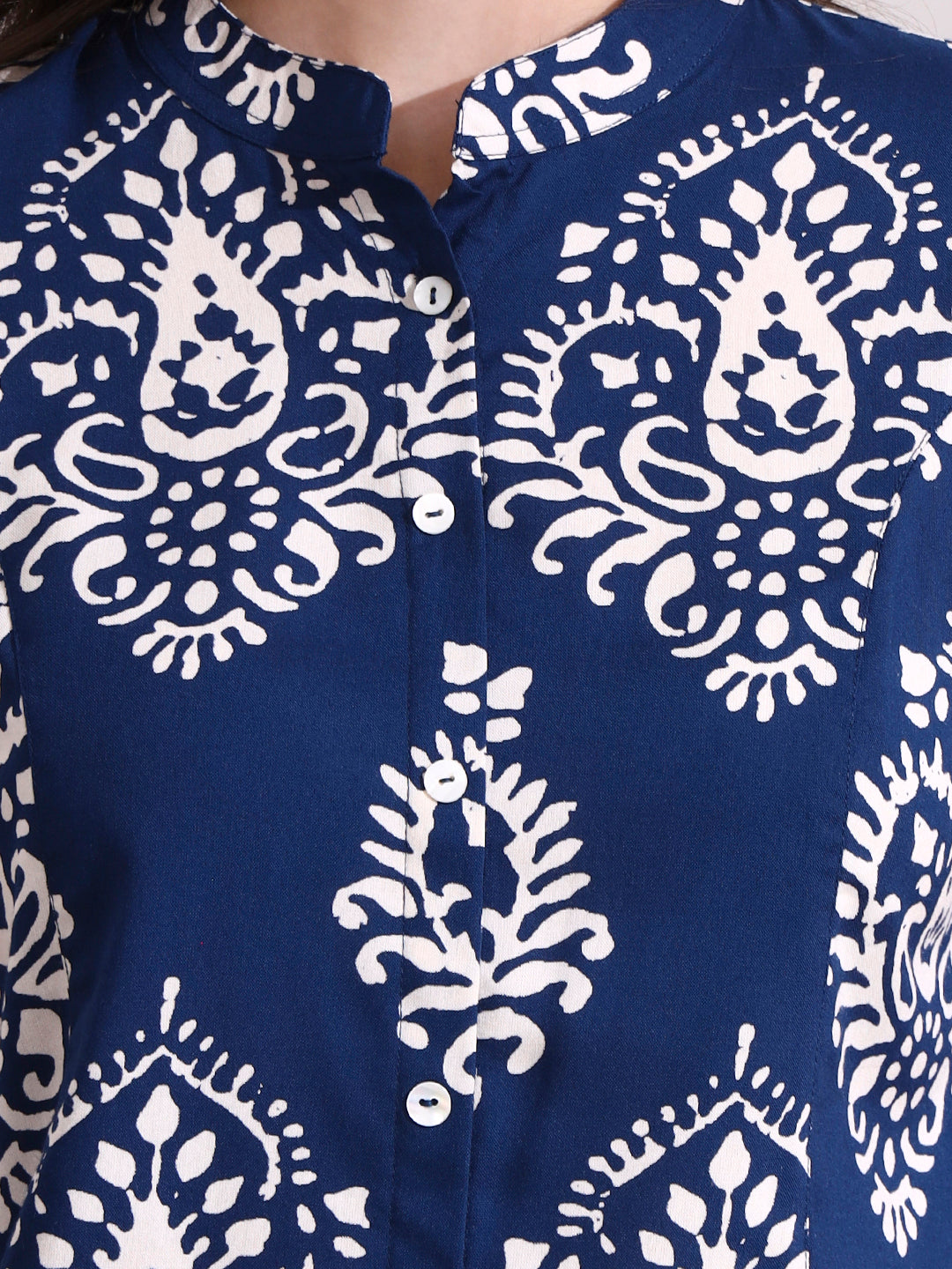 Divena Blue Mandarin Coller Roll Up Sleeves Viscose Rayon Top
