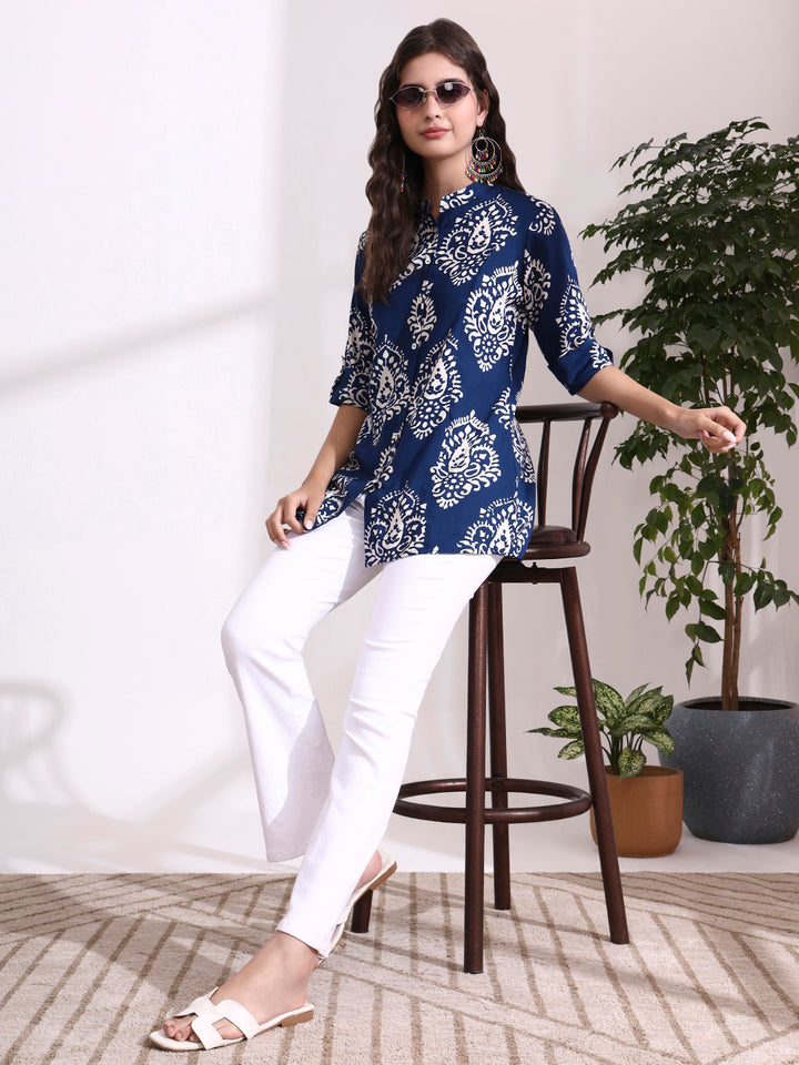 Divena Blue Mandarin Coller Roll Up Sleeves Viscose Rayon Top