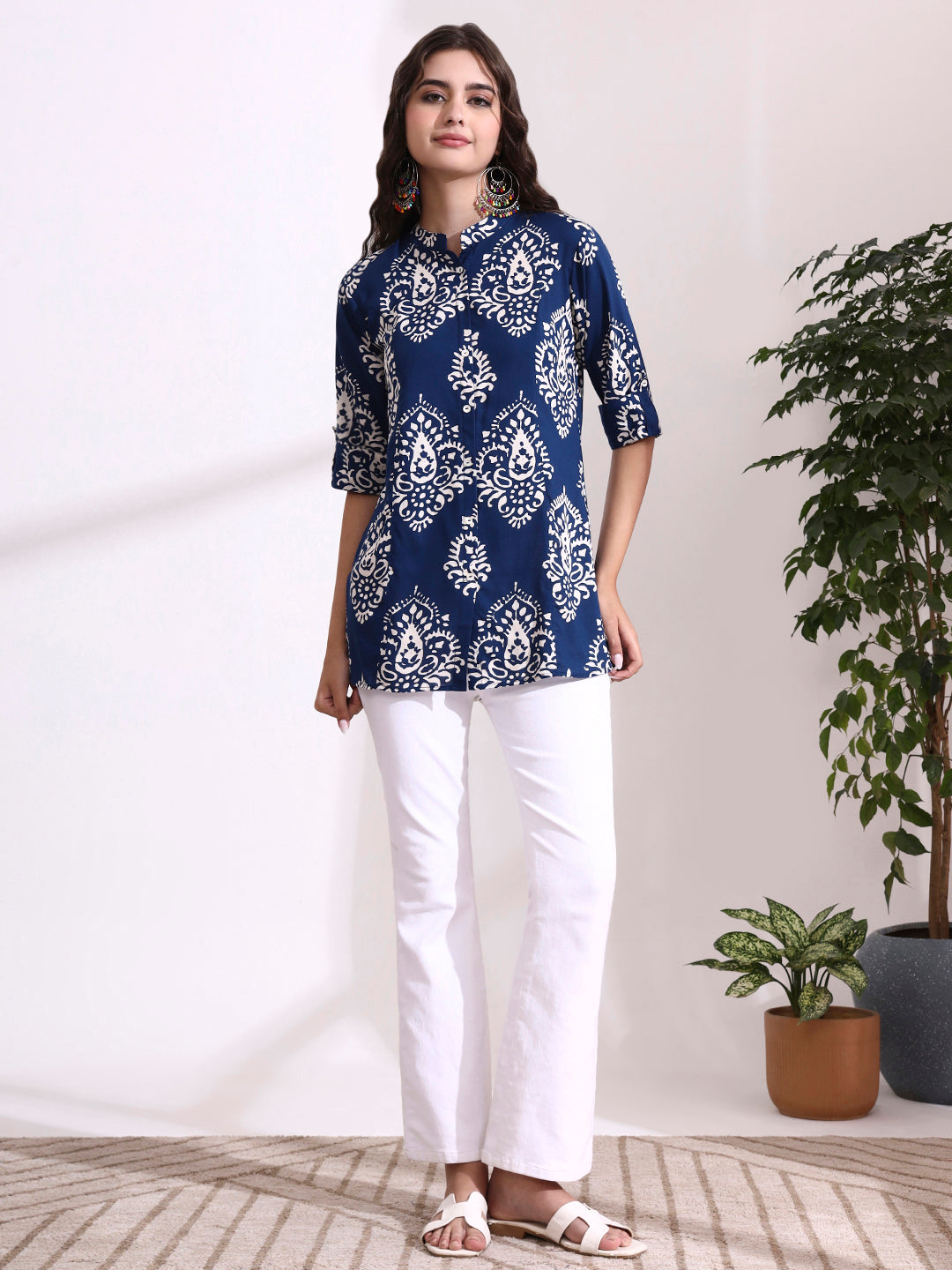 Divena Blue Mandarin Coller Roll Up Sleeves Viscose Rayon Top