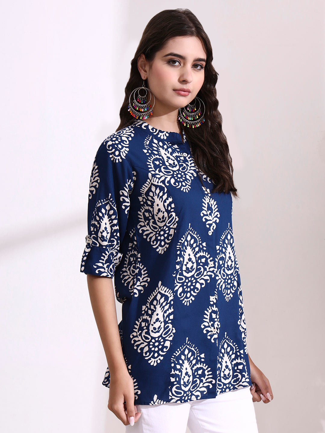 Divena Blue Mandarin Coller Roll Up Sleeves Viscose Rayon Top