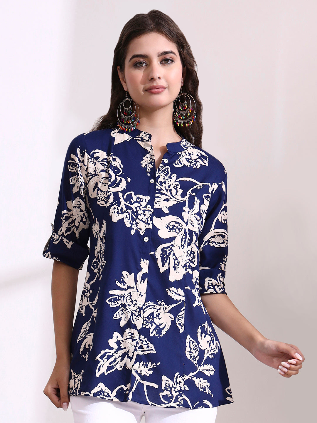 Divena Dark Blue Mandarin Coller Roll Up Sleeves Viscose Rayon Top