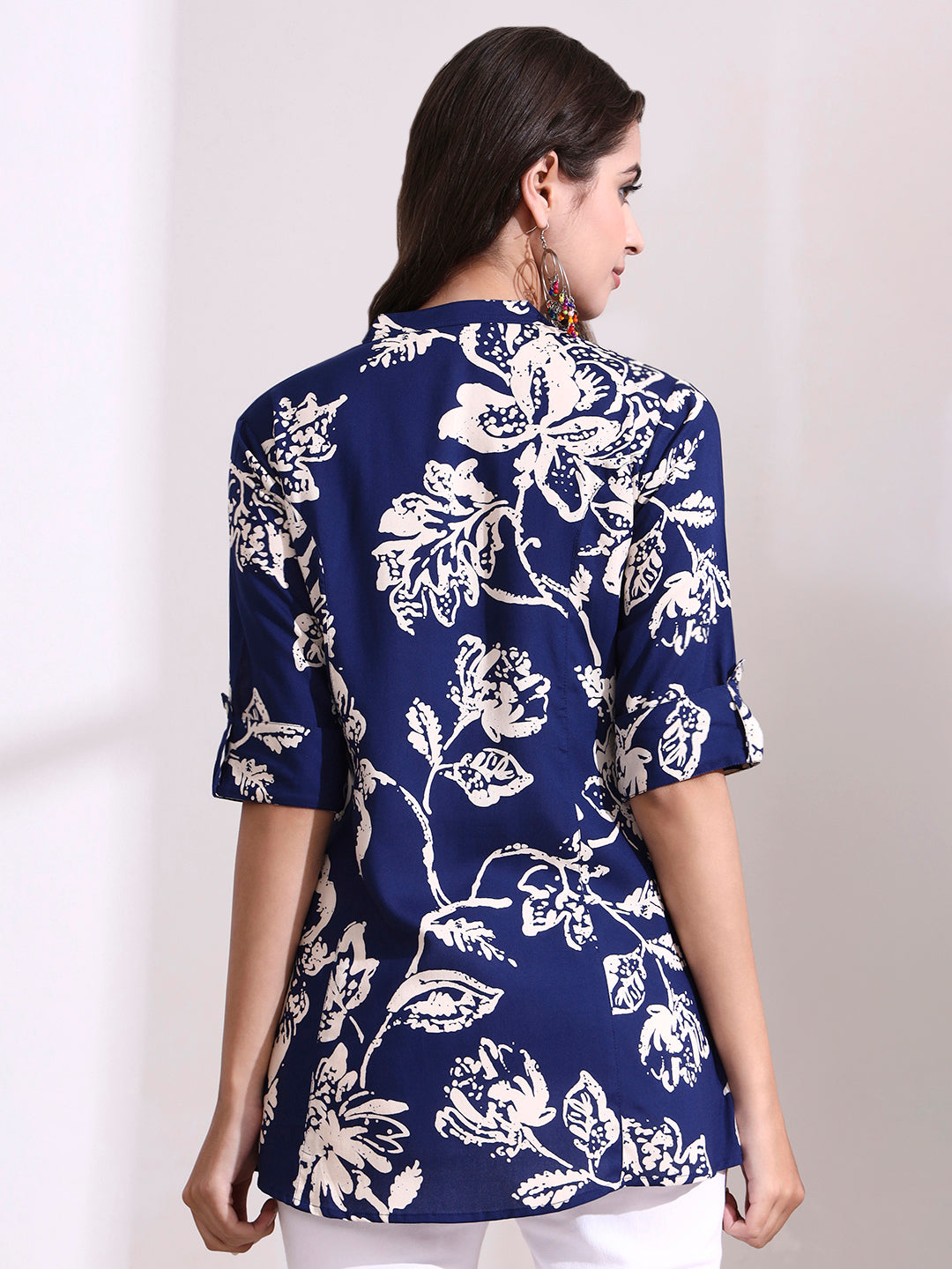 Divena Dark Blue Mandarin Coller Roll Up Sleeves Viscose Rayon Top