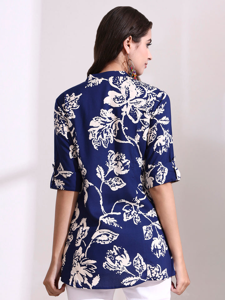 Divena Dark Blue Mandarin Coller Roll Up Sleeves Viscose Rayon Top
