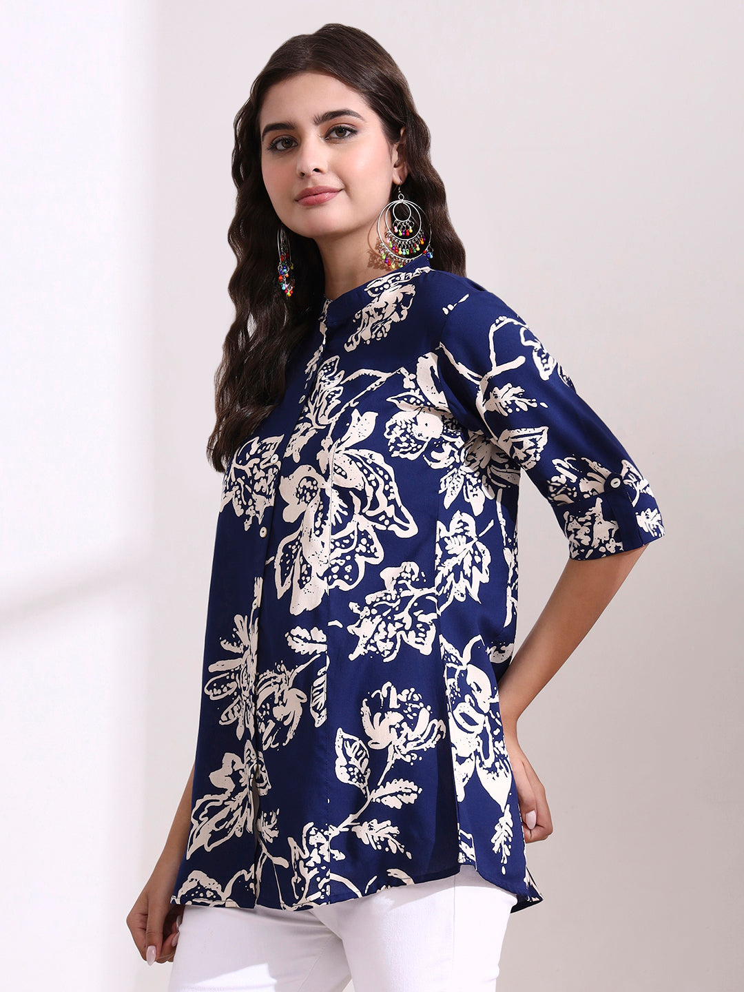 Divena Dark Blue Mandarin Coller Roll Up Sleeves Viscose Rayon Top