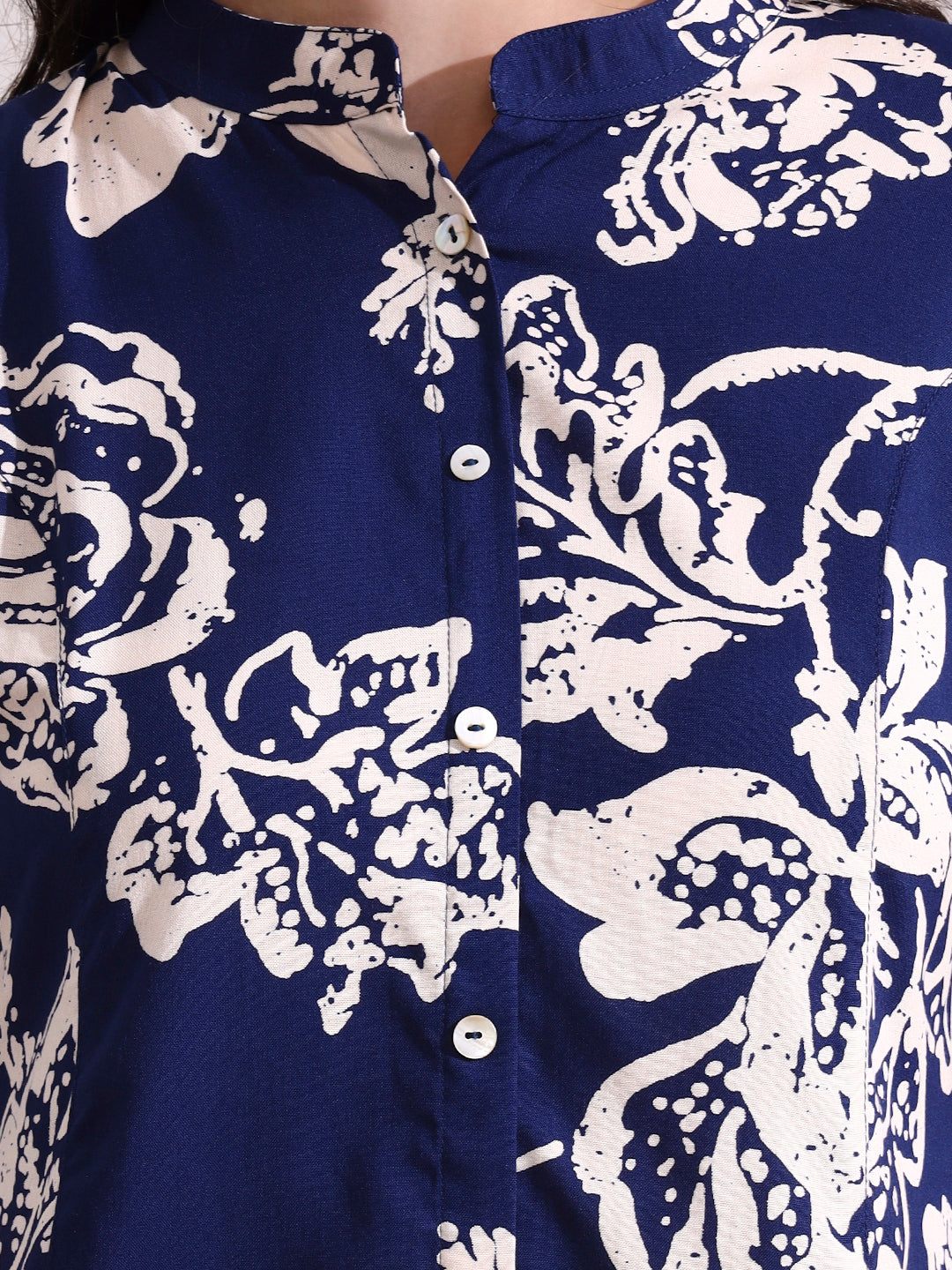 Divena Dark Blue Mandarin Coller Roll Up Sleeves Viscose Rayon Top