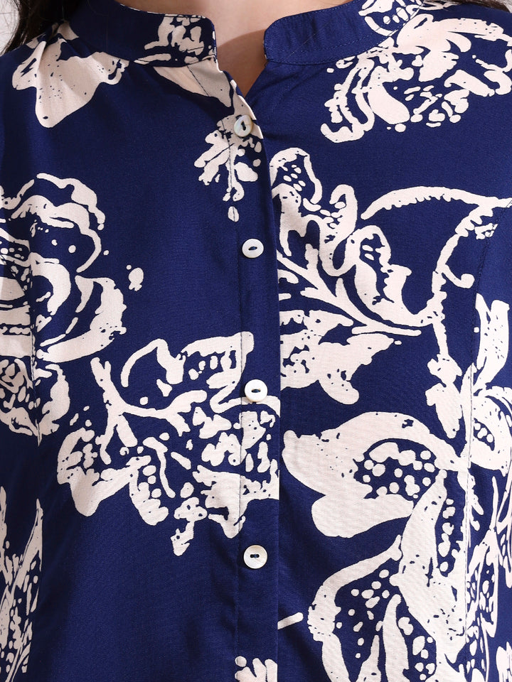 Divena Dark Blue Mandarin Coller Roll Up Sleeves Viscose Rayon Top