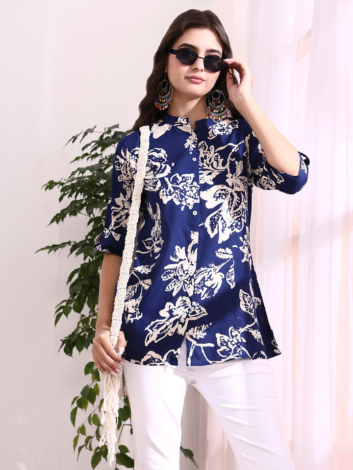 Divena Dark Blue Mandarin Coller Roll Up Sleeves Viscose Rayon Top
